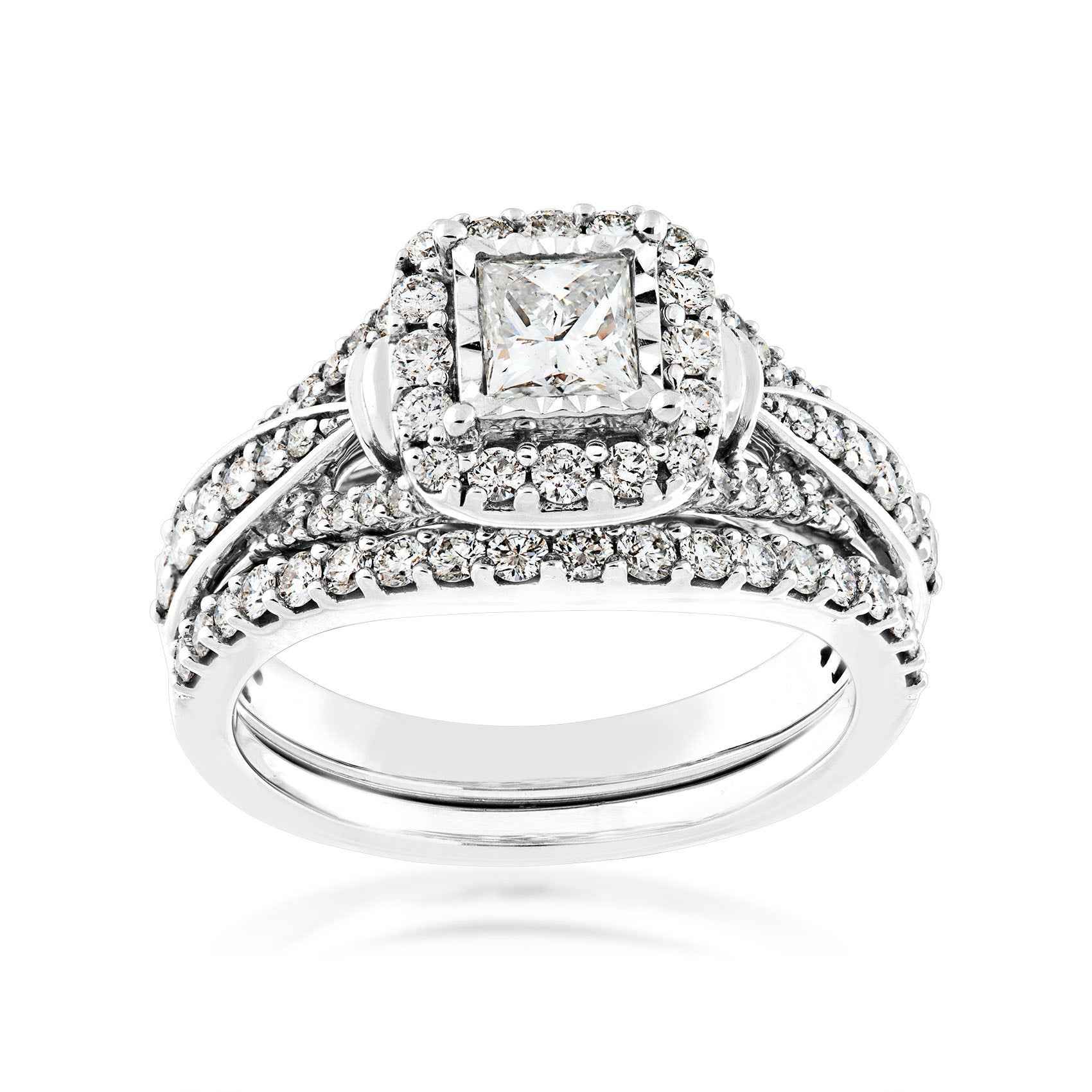 Natural 1-1/4 ct. tw. Princess Cut Diamond Halo Wedding Set in 14K White Gold
