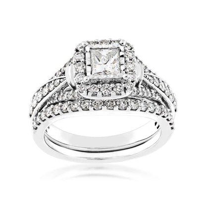 Natural 1-1/4 ct. tw. Princess Cut Diamond Halo Wedding Set in 14K White Gold