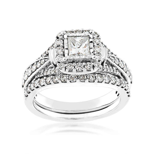 Natural 1-1/4 ct. tw. Princess Cut Diamond Halo Wedding Set in 14K White Gold