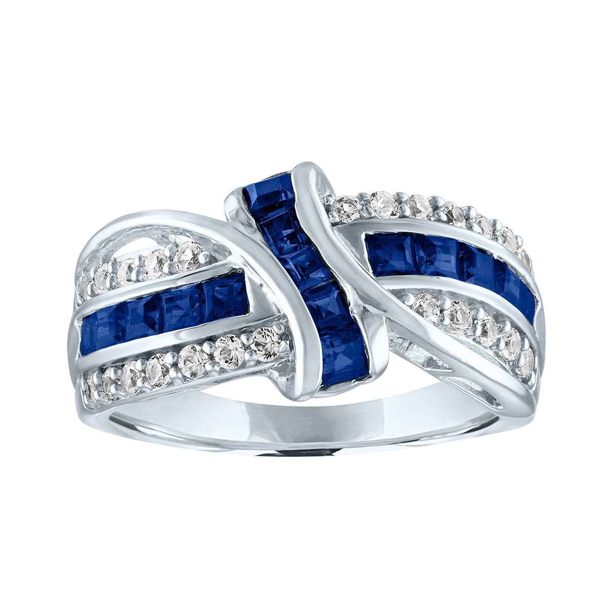 Created Blue and White Sapphire Fashion Ring with Knot-Inspired Design in Sterling Silver