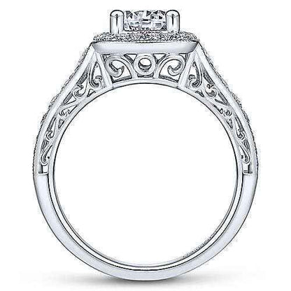 Gabriel & Co. .60 ct. Semi-Mount Halo Vintage-Style Engagement Ring with Tapered Band Design and Milgrain Edging front view