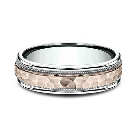 Benchmark Men's Wedding Ring with Hammered Center and Milgrain Border in 14K White and Pink Gold