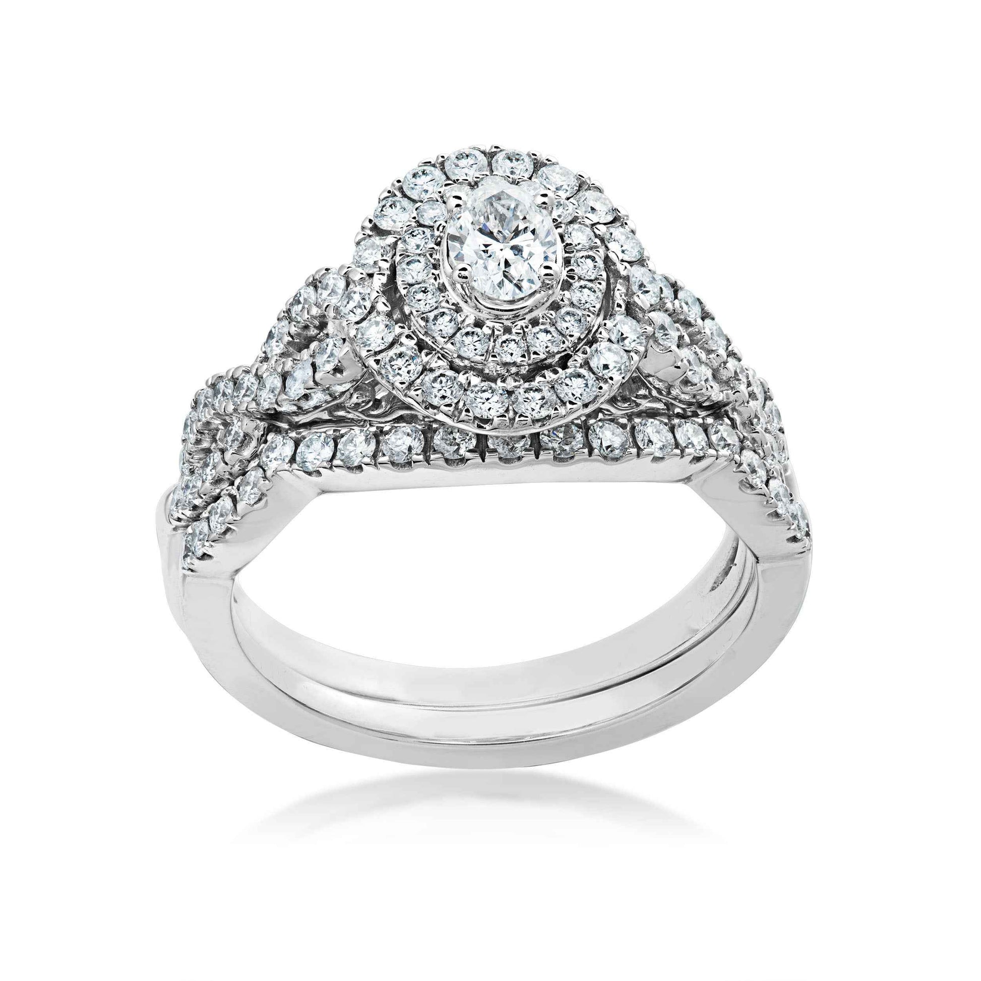 Natural 1 ct. tw. Oval Diamond Double Halo Twist Wedding Set in 10K White Gold