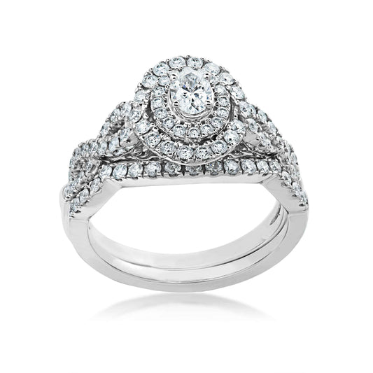 Natural 1 ct. tw. Oval Diamond Double Halo Twist Wedding Set in 10K White Gold