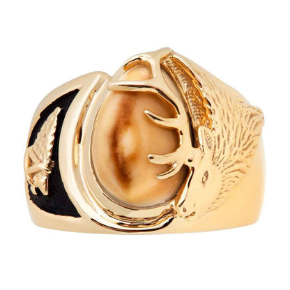 Men's Elk Ivory Arrowhead Ring with Black Enamel Accent in 14K Yellow Gold