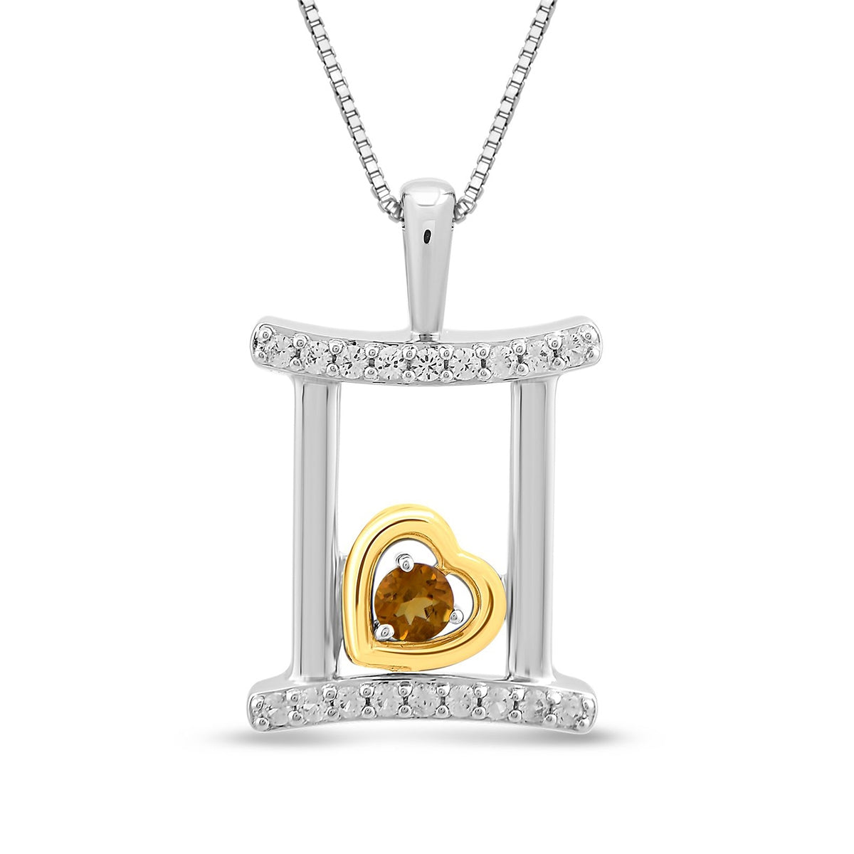 Citrine & Created White Sapphire Gemini Zodiac Pendant in Sterling Silver & 10K Yellow Gold Plating