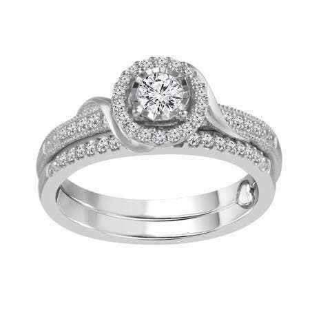 True Promise 3/8 ct. tw. Round Brilliant Halo Wedding Set with Ribbon Inspired Gold Accents in 10K White Gold