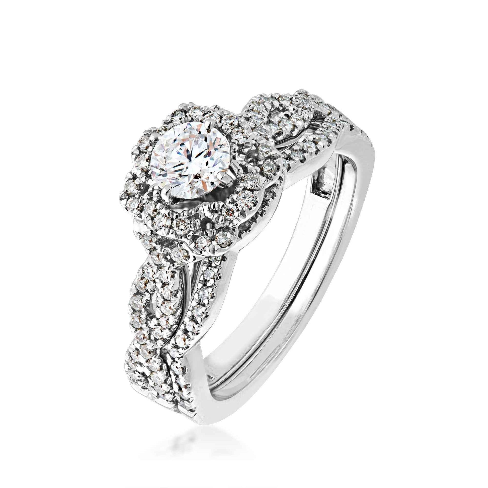 Elegance 7/8 ct. tw. Round Diamond Flower Inspired Halo Wedding Set with Twisted Band in 14K White Gold close-up detail