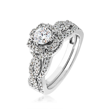 Elegance 7/8 ct. tw. Round Diamond Flower Inspired Halo Wedding Set with Twisted Band in 14K White Gold close-up detail