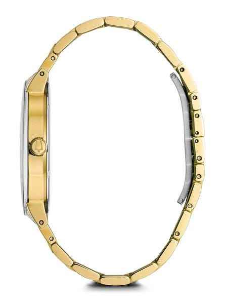 Bulova Modern Collection Men's Black Dial Watch with 3 Diamond Accent in Gold-Tone Stainless Steel front view
