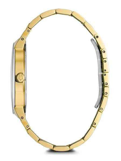 Bulova Modern Collection Men's Black Dial Watch with 3 Diamond Accent in Gold-Tone Stainless Steel front view
