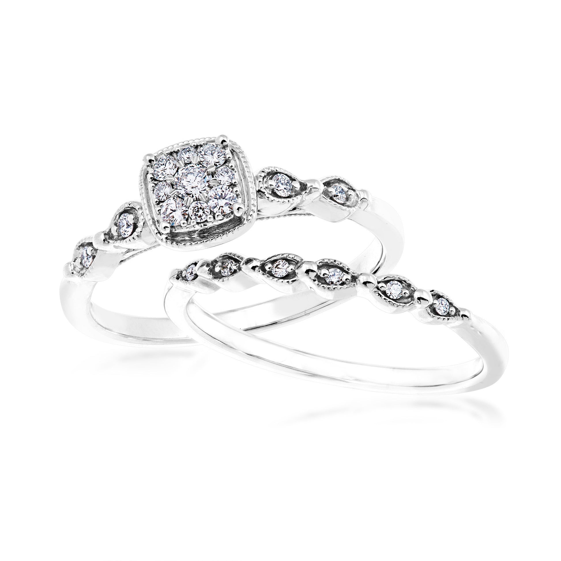 True Promise 1/5 ct. tw. Diamond Cluster Wedding Set with Milgrain Edge Detaling in 10K White Gold close-up detail