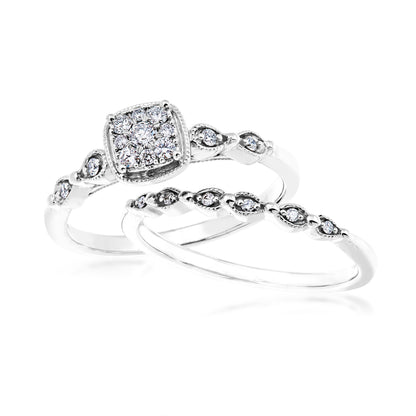 True Promise 1/5 ct. tw. Diamond Cluster Wedding Set with Milgrain Edge Detaling in 10K White Gold close-up detail