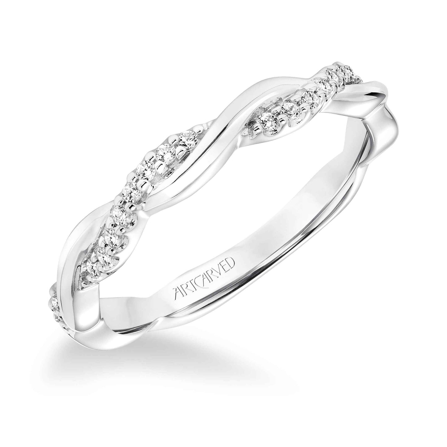 ArtCarved Contemporary .13 ct. tw. Diamond and Gold Twist Wedding Band in 14K White Gold front view