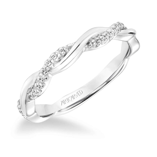 ArtCarved Contemporary .13 ct. tw. Diamond and Gold Twist Wedding Band in 14K White Gold front view