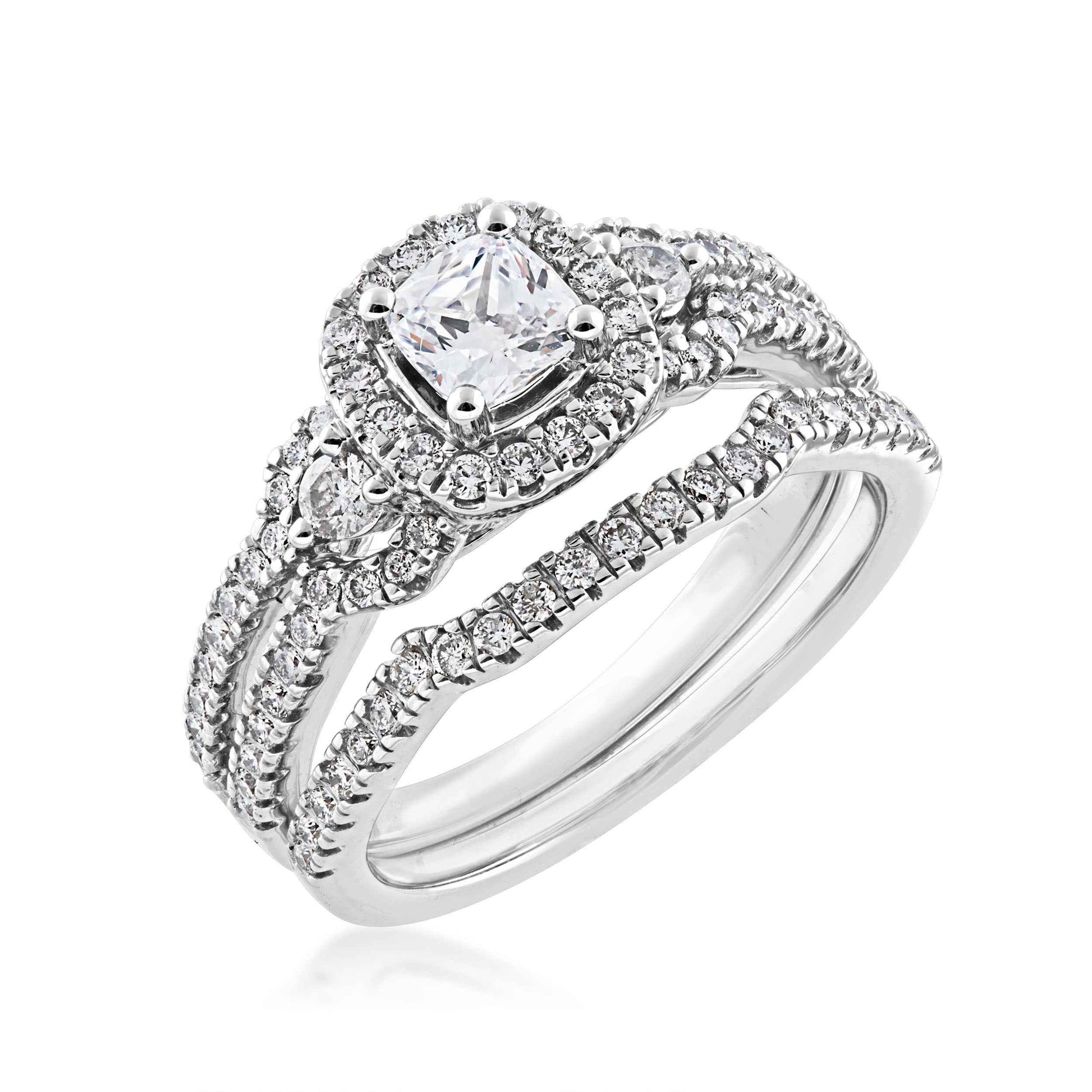 Noventa 1-1/8 ct. tw. Cushion Cut Halo Diamond Wedding Set with V-Split Set Diamond Band in 14K White Gold close-up detail