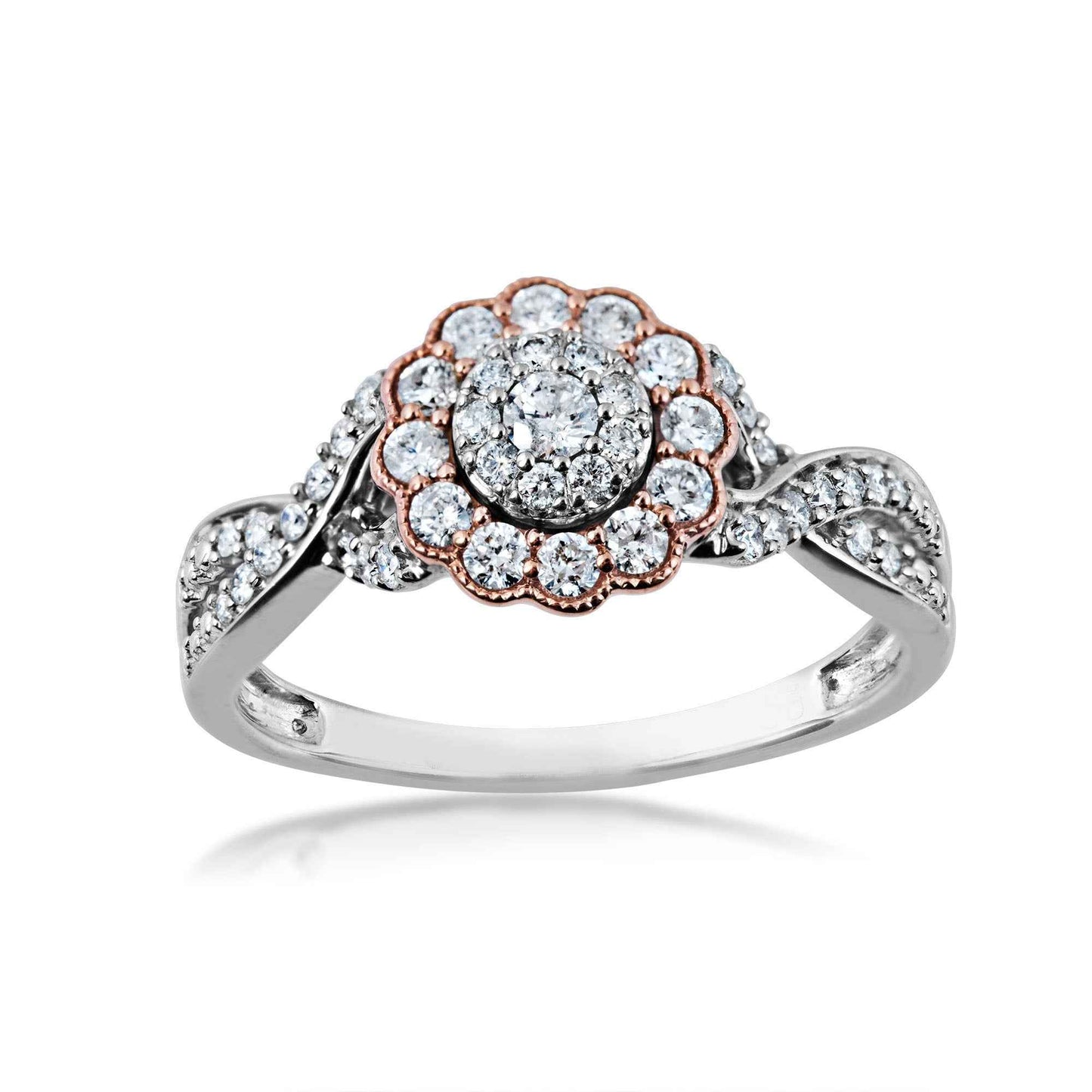 Fairytale Diamonds 1/2 ct. tw. Diamond Cluster Twist Ring with Diamond & Milgrain Halo in 10K White & Pink Gold