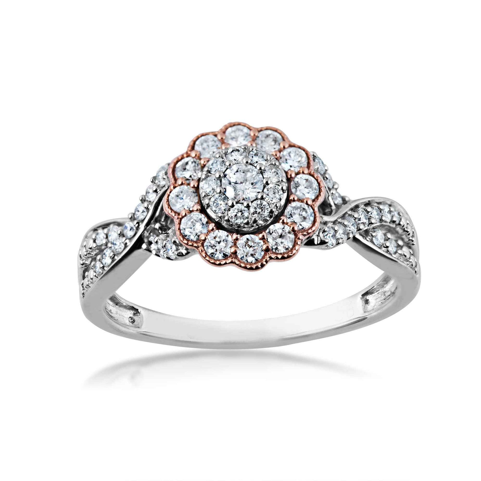 Fairytale Diamonds 1/2 ct. tw. Diamond Cluster Twist Ring with Diamond & Milgrain Halo in 10K White & Pink Gold