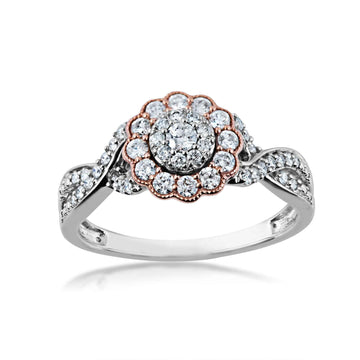 GOLD TAG Fairytale Diamonds 1/2 ct. tw. Diamond Cluster Twist Ring with Diamond & Milgrain Halo in 10K White & Pink Gold