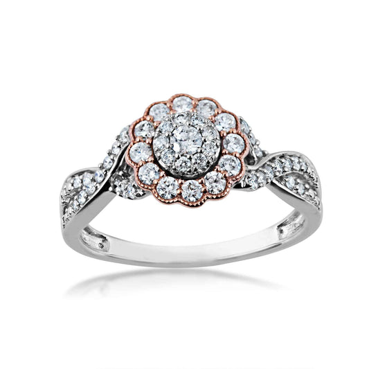 Fairytale Diamonds 1/2 ct. tw. Diamond Cluster Twist Ring with Diamond & Milgrain Halo in 10K White & Pink Gold