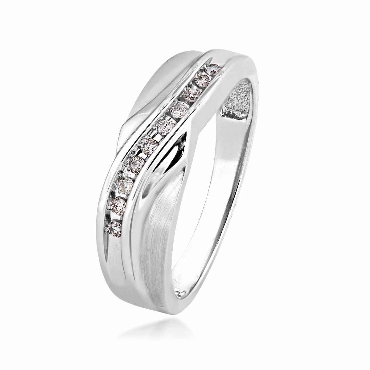 Men's 1/6 ct. tw. Round Brilliant Diamond Wedding Band with Outer Brushed Detailing in 10K White Gold front view