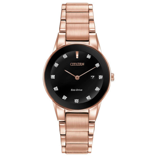 Citizen Axiom Ladies' Trendsetter Watch with Sleek Black Dial & Diamond Hour Markers in Rose Gold-Tone Stainless Steel