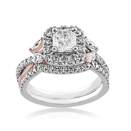 Noventa 2 ct. tw. Cushion Cut Center Wedding Set with Round Brilliant Halo & Marquise Accented Band in 14K White & Pink Gold