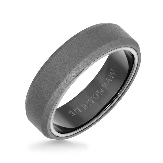 Triton Men's 6mm Tungsten Raw Beveled Edge Wedding Ring With Matte Finish and Black Interior front view