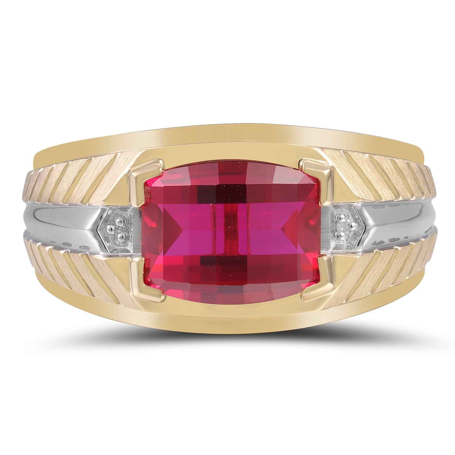 Men's Created Barrel Cut Ruby Ring with .01 ct. tw. Diamond Accents with Polished Center Line Details in 10K White & Yellow