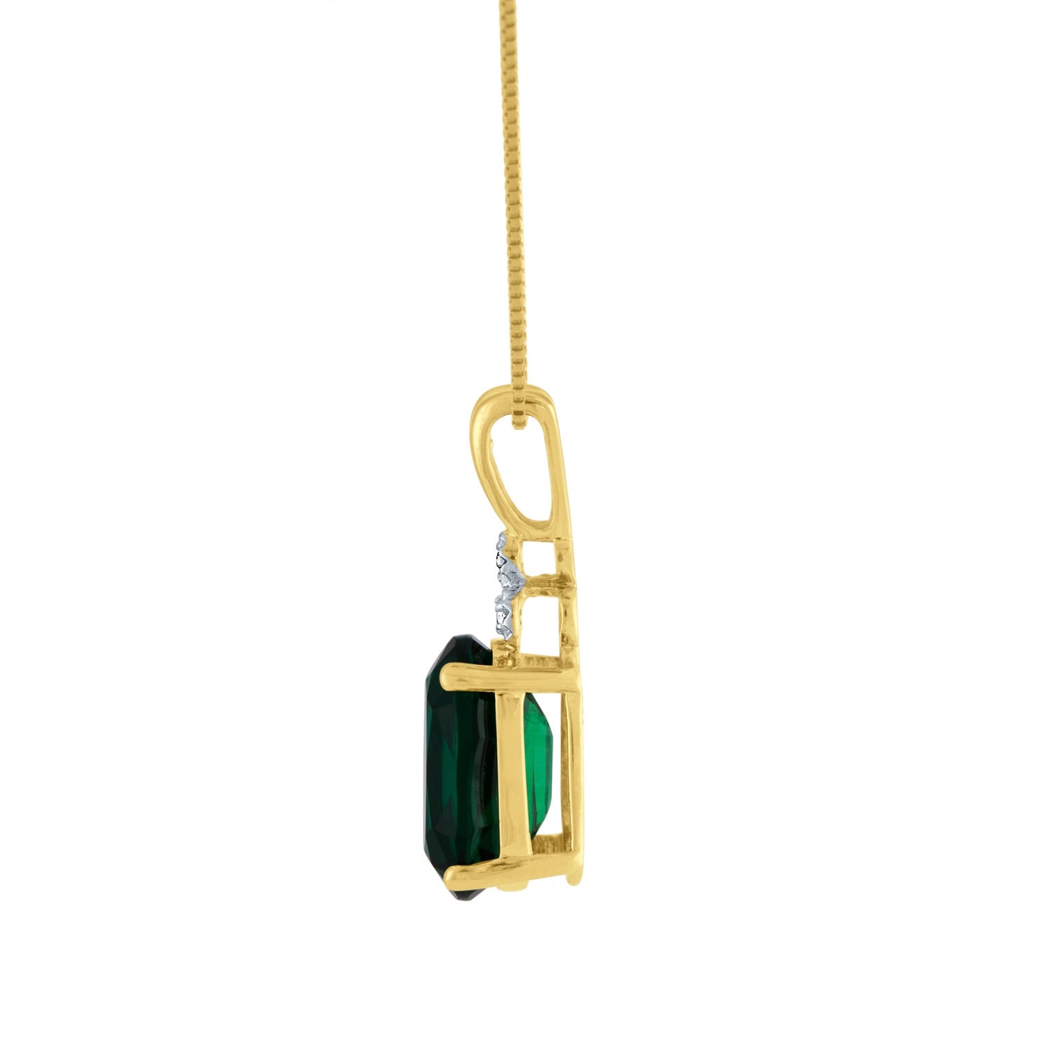 Created Oval Emerald and .009 ct. tw. Miracle Plated Diamond Pendant in 10K Yellow Gold front view
