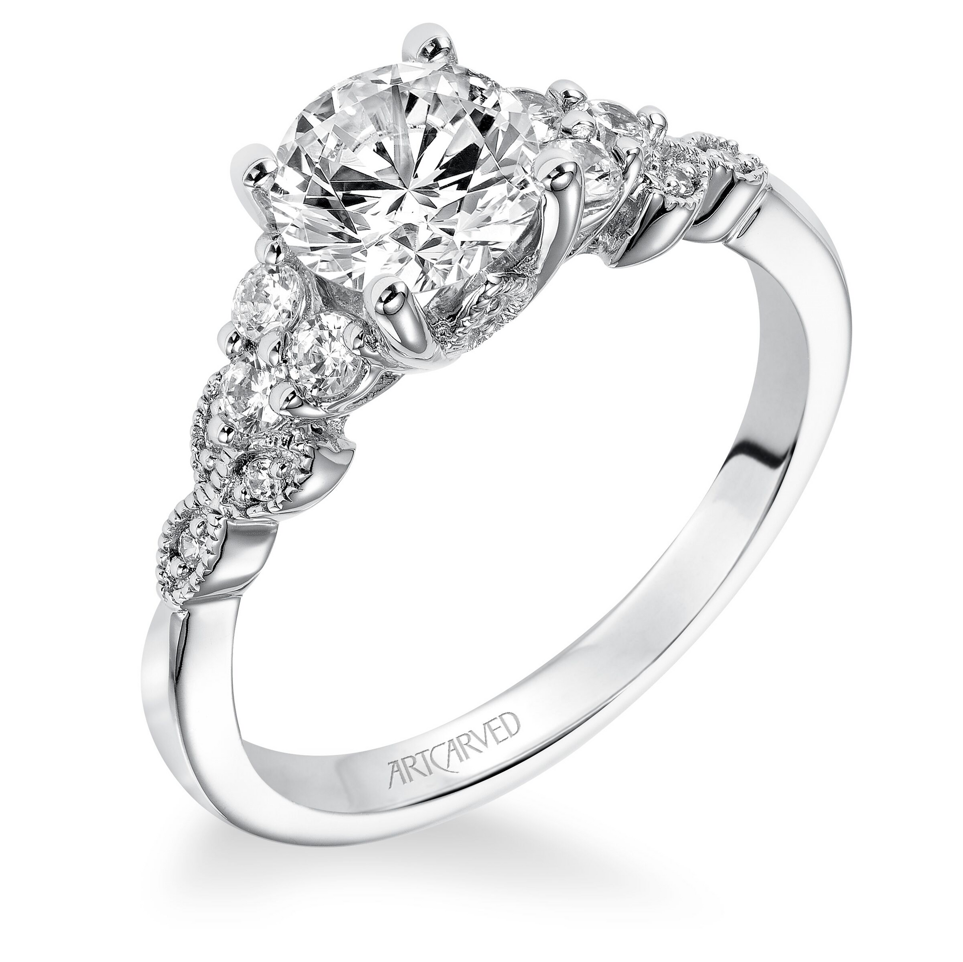 Artcarved Contemporary 1/5 CT. TW. Semi-Mount Engagement Ring with Tapered Side Diamonds in 14K White Gold close-up detail