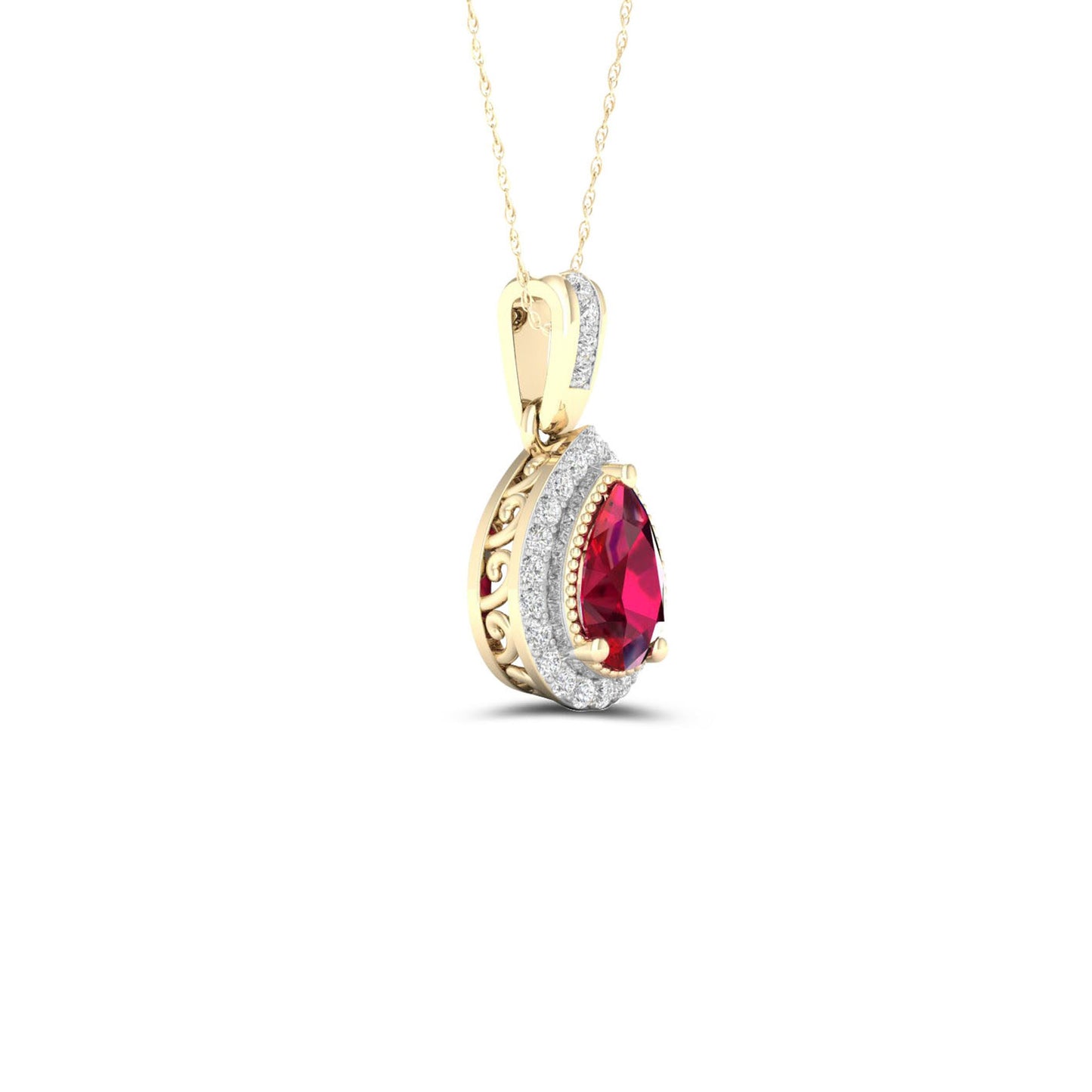 Red Pear-Shaped Ruby and .08 ct. tw. Diamond Halo Pendant with Milgrain and Filigree Design in 10K Yellow Gold front view