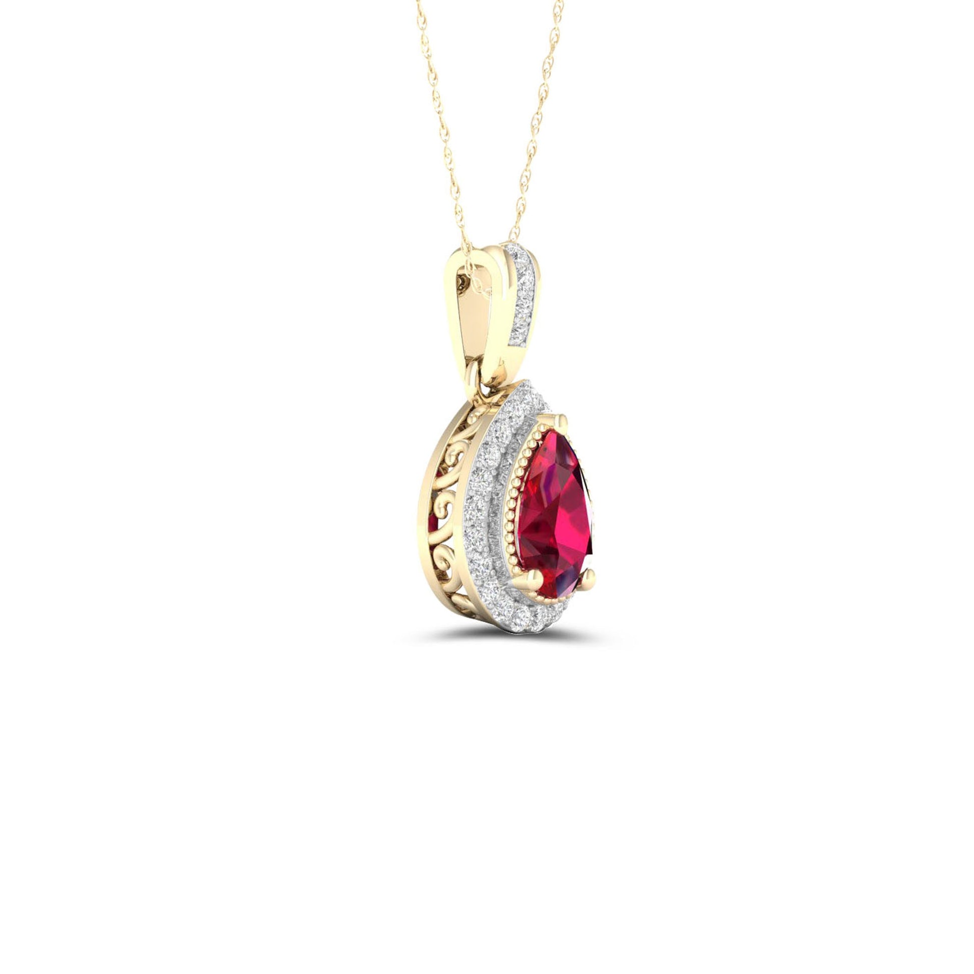 Red Pear-Shaped Ruby and .08 ct. tw. Diamond Halo Pendant with Milgrain and Filigree Design in 10K Yellow Gold front view