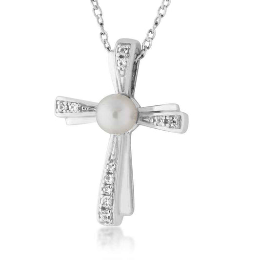 Freshwater Pearl & Created Sapphire Cross Pendant in Sterling Silver