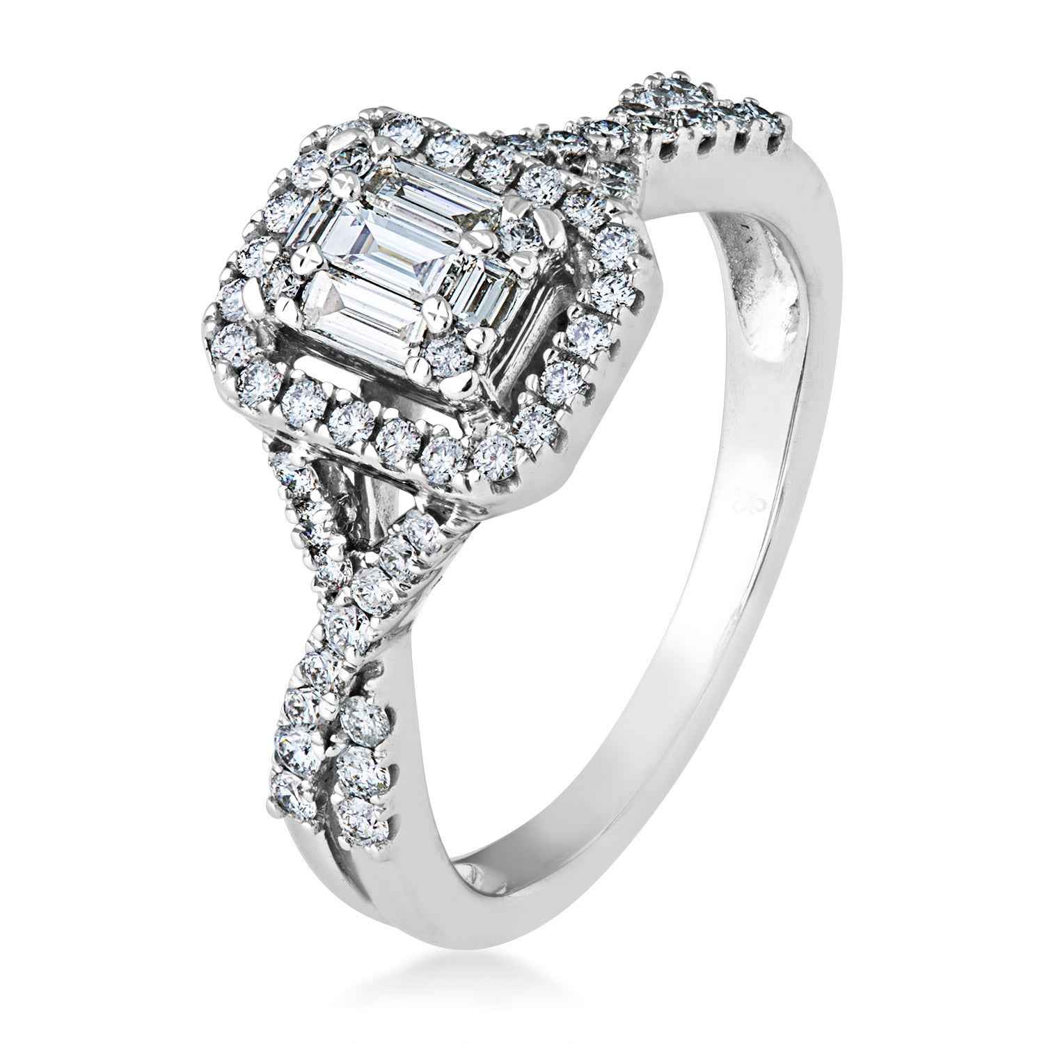 Fairytale Diamonds 5/8 ct. tw. Baguette & Round Diamond Emerald-Shaped Cluster Halo Engagement Ring with Twist front view
