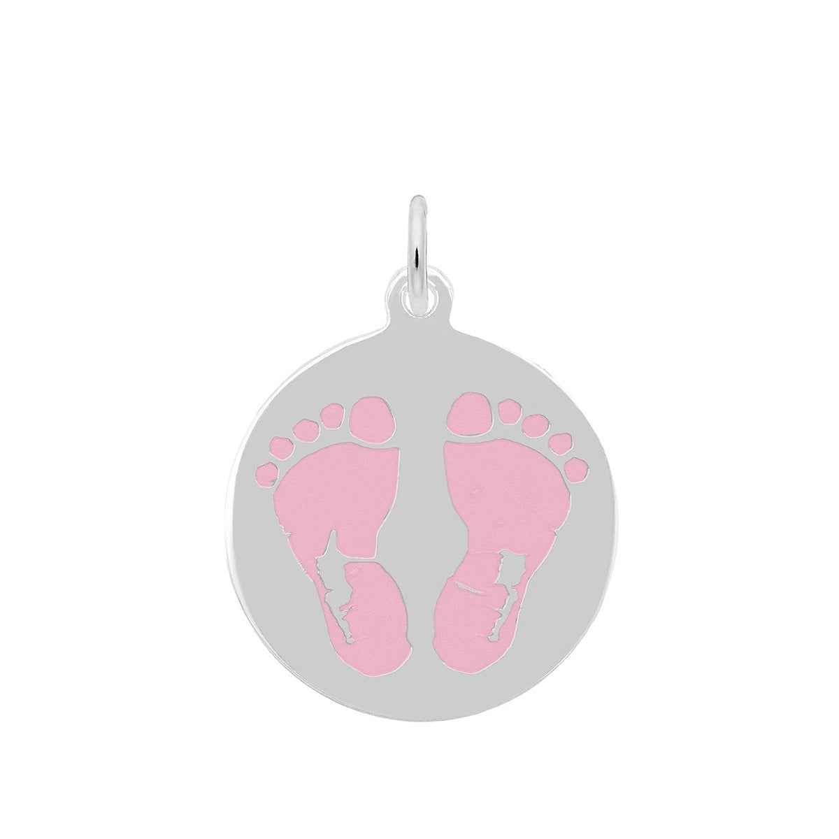 Baby Feet Pink Disc Charm in Sterling Silver