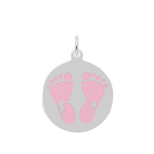 Baby Feet Pink Disc Charm in Sterling Silver