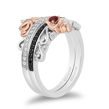 Enchanted Disney Garnet & 1/4 ct. tw. White & Treated Black Diamond Stackable Ring Set in Sterling Silver and close-up detail