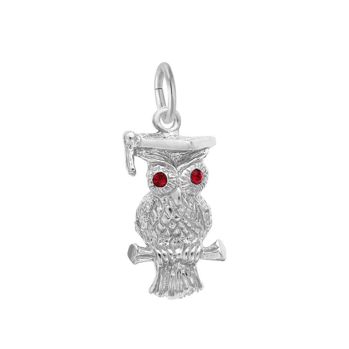 Owl with Gem Eyes Charm in Sterling Silver