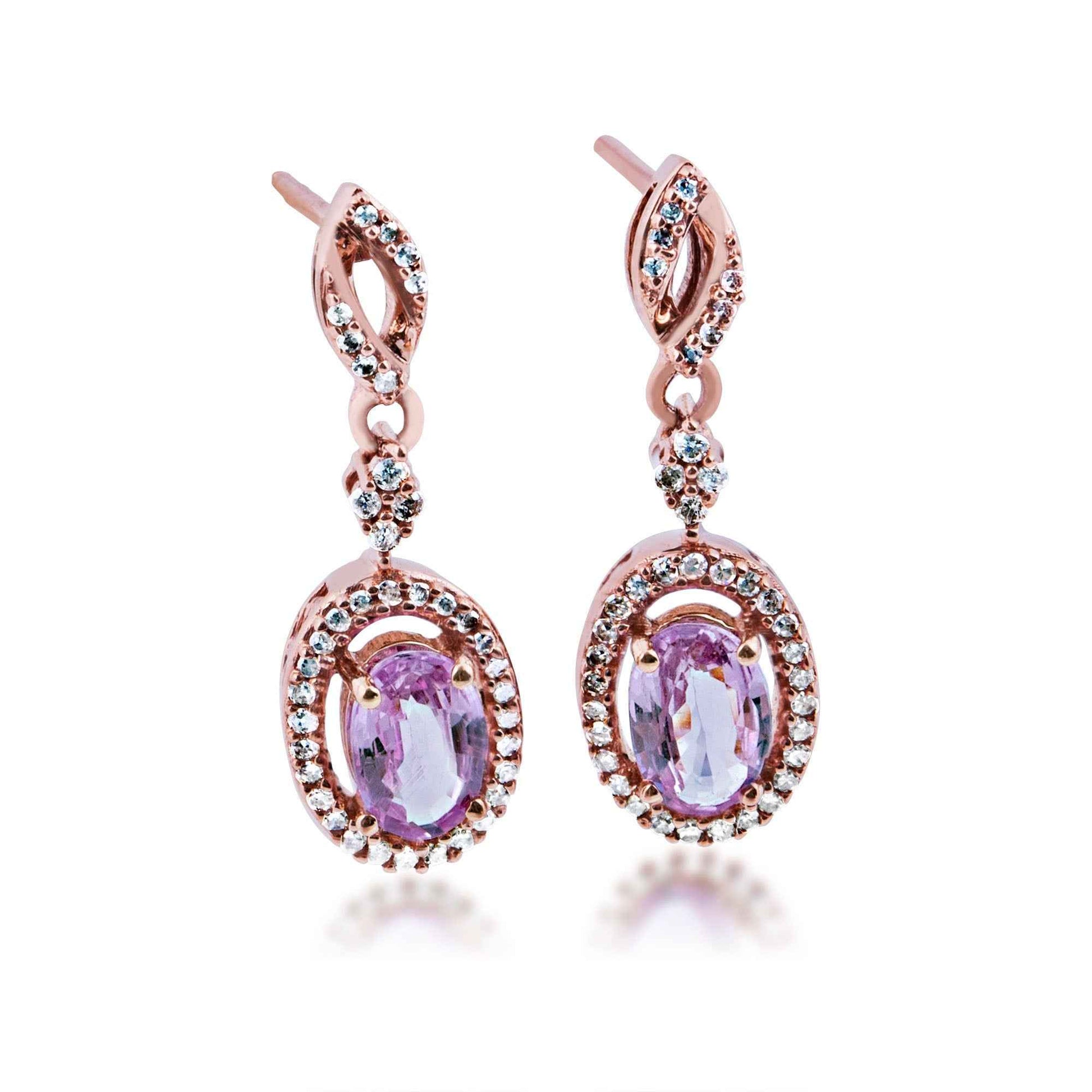 Genuine Oval Pink Sapphire Fashion Dangle Earrings with 1/5 ct. tw. Diamond Halo in 10K Pink Gold