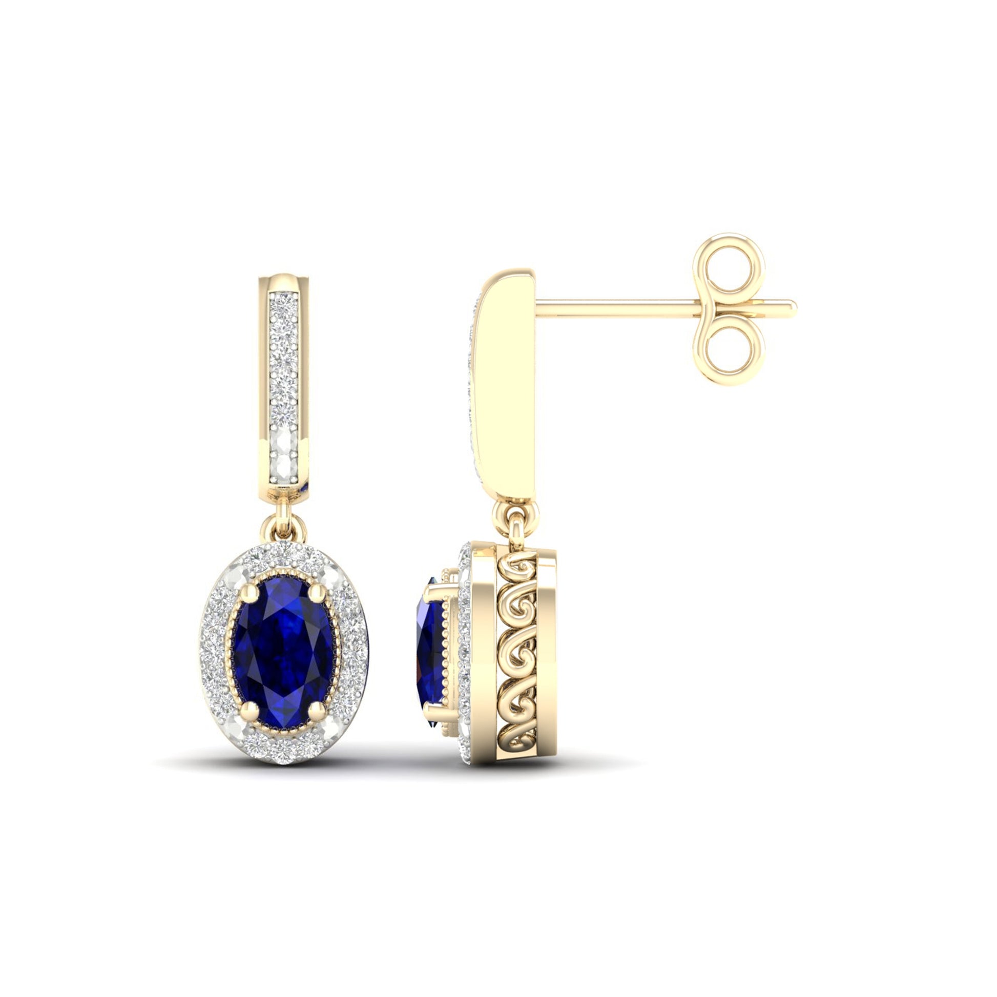 Blue Oval Sapphire and 1/10 ct. tw. Diamond Halo Earrings with Milgrain and Filigree Design in 10K Yellow Gold