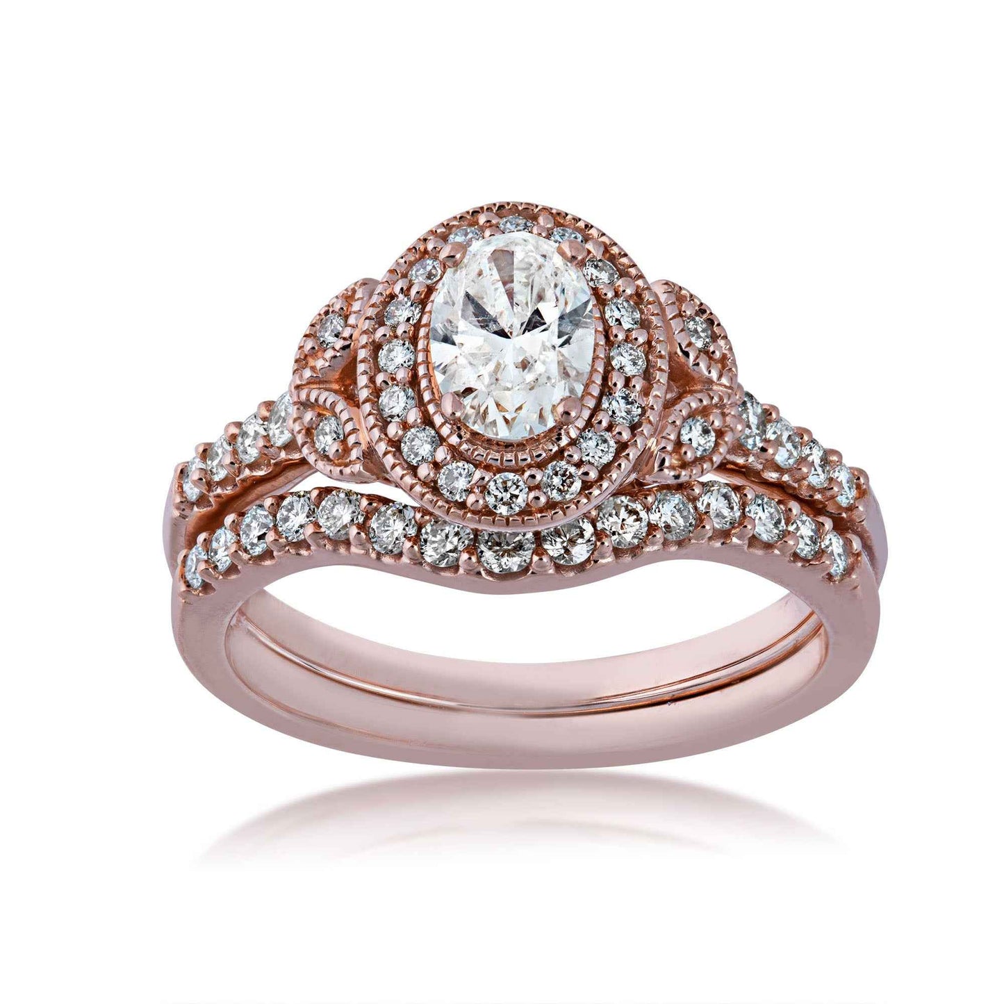 Amaura Collection 1 ct. tw Oval Diamond Halo Wedding Set with Floral Milgrain Inspired Band in 14K Pink Gold