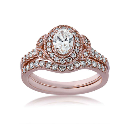 Amaura Collection 1 ct. tw Oval Diamond Halo Wedding Set with Floral Milgrain Inspired Band in 14K Pink Gold