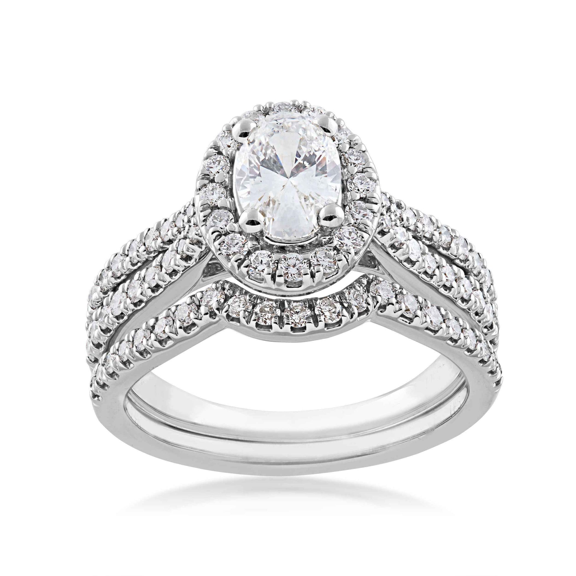 Noventa 1-1/2 ct. tw. Oval Diamond Halo Wedding Set with Cut-Out Accented Band in 14K White Gold