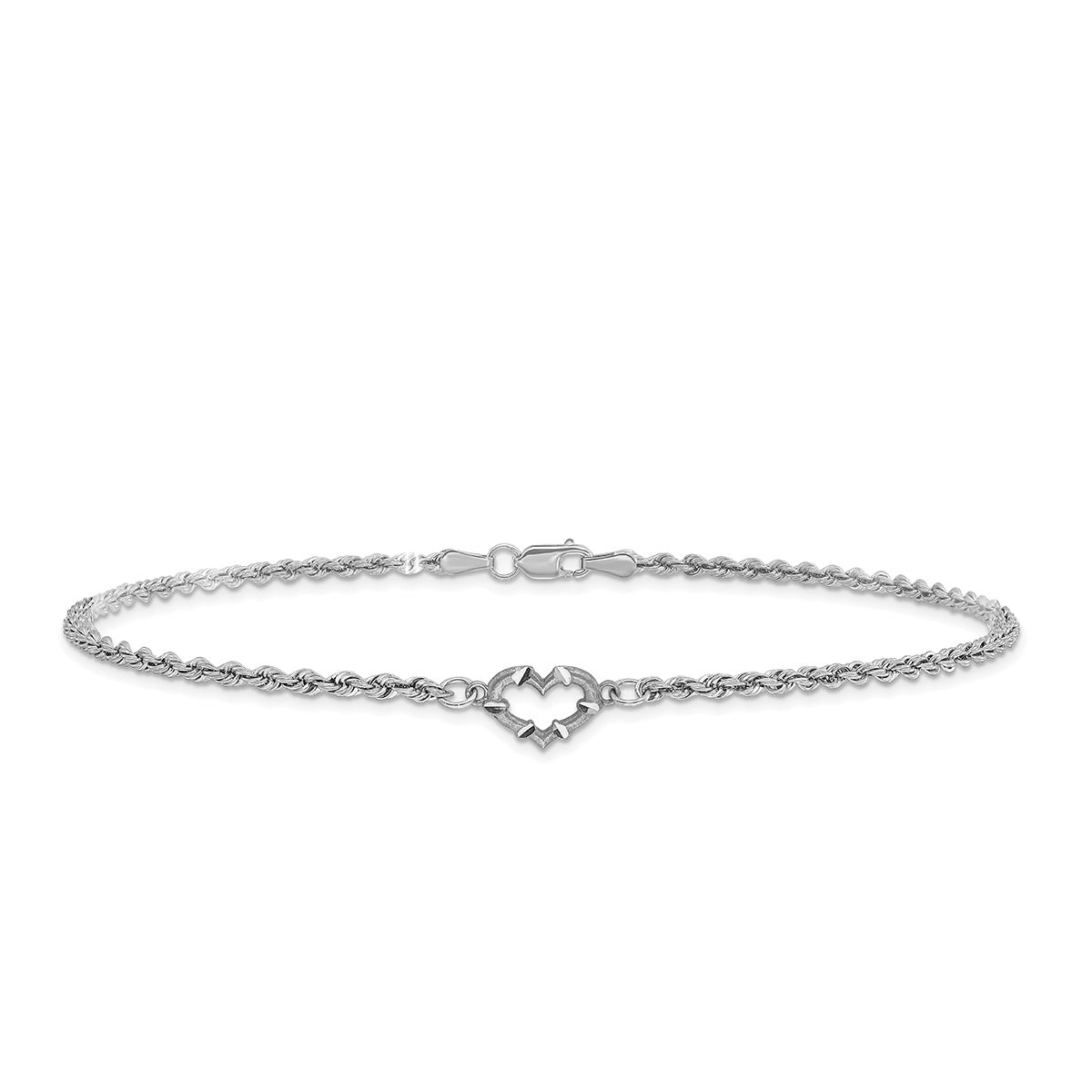 9-inch Diamond Cut Open Heart Ankle Bracelet in 10K White Gold