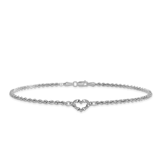 10-inch Diamond Cut Open Heart Ankle Bracelet in 10K White Gold