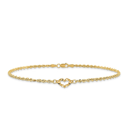 10-inch Diamond Cut Open Heart Ankle Bracelet in 10K Yellow Gold