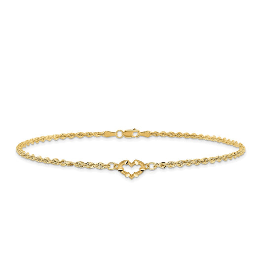 10-inch Diamond Cut Open Heart Ankle Bracelet in 10K Yellow Gold