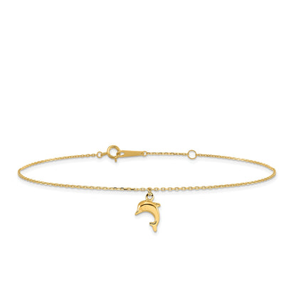 9-inch Adjustable Dolphin Charm Ankle Bracelet in 10K Yellow Gold