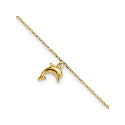 9-inch Adjustable Dolphin Charm Ankle Bracelet in 10K Yellow Gold front view